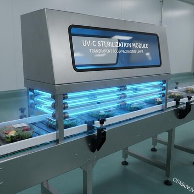 Módulo de esterilização UV-C modular montado num transportador para linhas de embalagem de alimentos transparentes