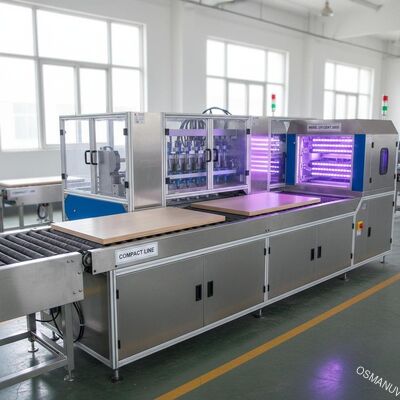 Linha de revestimento de transferência de LED UV compacta para acabamentos ecológicos em painéis compostos de madeira