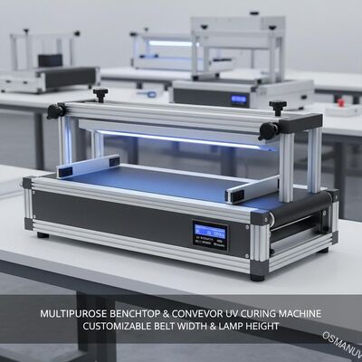 MÁQUINA DE CURA UV DE BANCADA E CONVEYOR MULTIUSO - LARGURA DE CORREIA E ALTURA DA LÂMPADA PERSONALIZÁVEIS