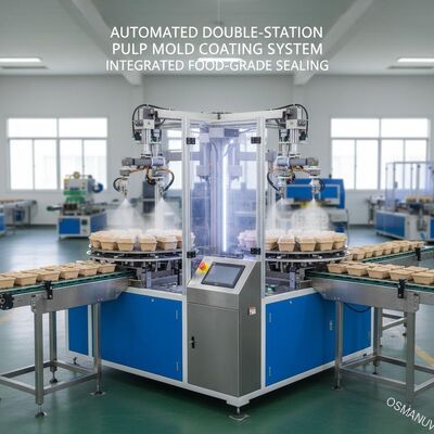 Sistema automatizado de revestimento por mofo de celulose de duas estações para vedação integrada de embalagens de celulose de cana-de-açúcar e palha para uso alimentar