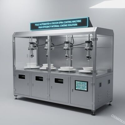 Máquina de Revestimento por Rotação Totalmente Automatizada de 6 Estações para Produtos Moldados em Celulose - Solução de Revestimento Interno de Alta Eficiência