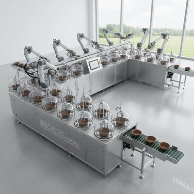 Célula de trabalho de revestimento de rotação robótica modular de 24 estações para revestimento interno de celulose moldada