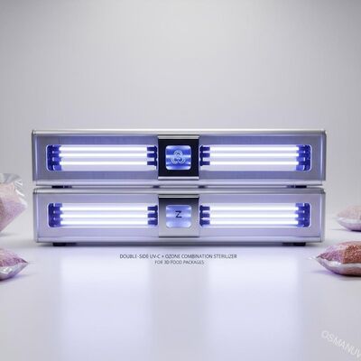 Esterilizador de combinação UV-C + ozono duplo-lado para embalagens alimentares 3D