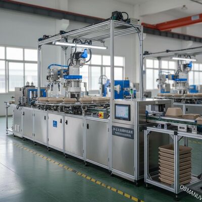 Linha de revestimento rotativa de 24 estações para revestimento interno de moldagem de celulose. Sistema de produção automatizado de alto volume.