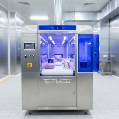 Túnel de Esterilização UV de Alta Eficiência UV-C (253,7 nm) para Embalagens de Alimentos. 99,9% de Eliminação de Patógenos.