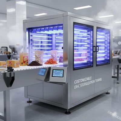 Túnel de esterilização de superfície UV-C personalizável para linhas de processamento de embalagens de alimentos e frutas secas a granel
