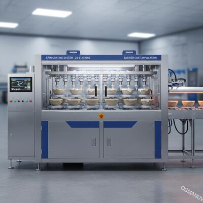 Máquina de revestimento por rotação de 24 estações para moldagem de fibras de celulose com revestimento de barreira