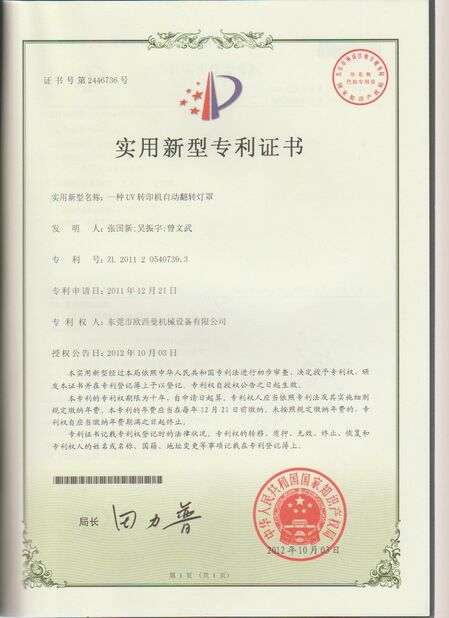 CHINA Dongguan Osmanuv Machinery Equipment Co., Ltd Certificações
